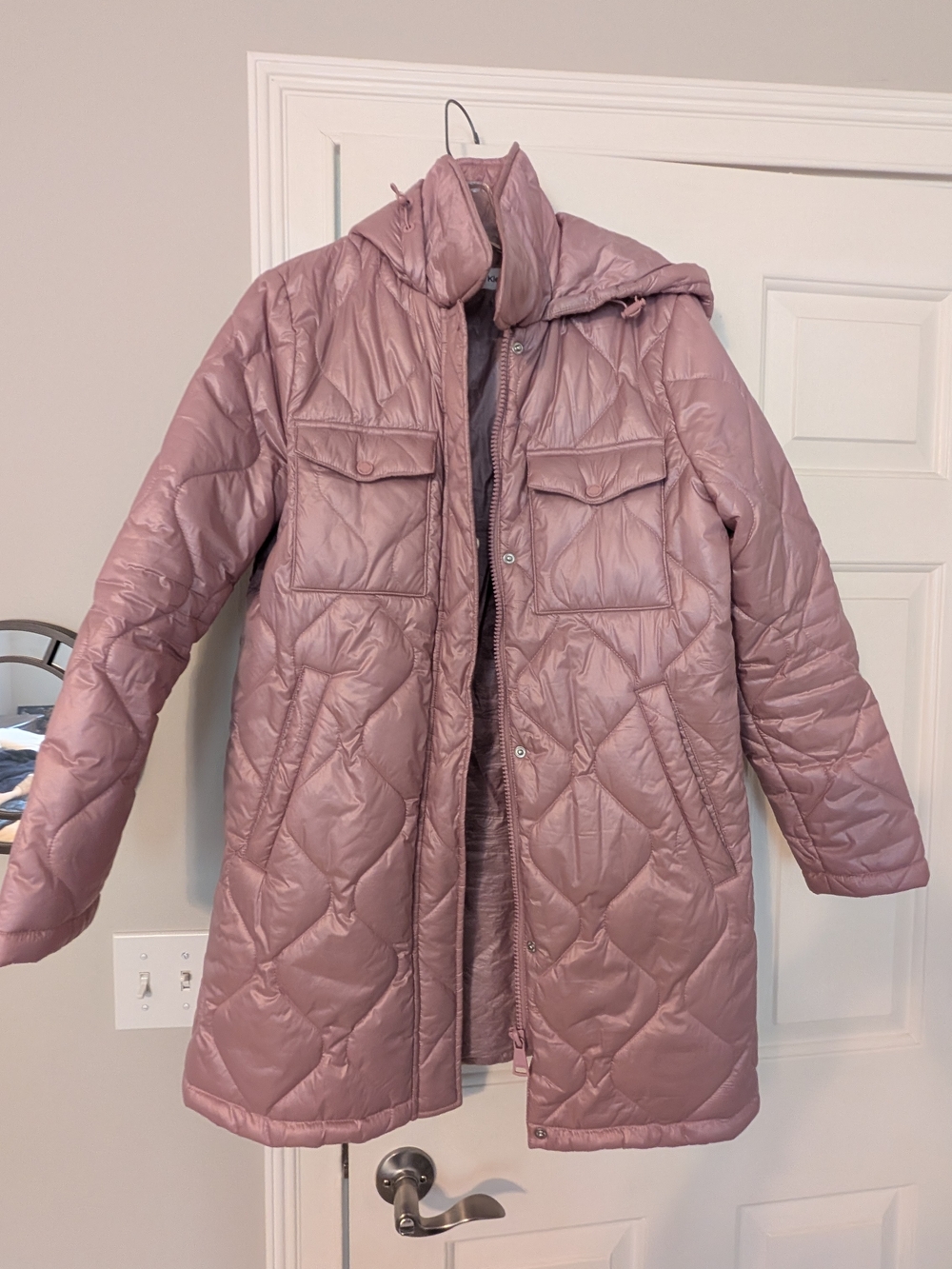 Calvin Klein Long Quilted Puffer Coat in Dusty Rose